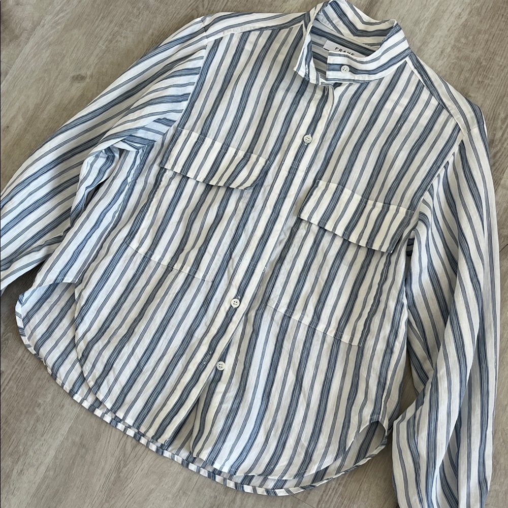 FRAME Clean Safari Striped Linen Blend Shirt Button Down Stand Collar Womens XS - Picture 14 of 15